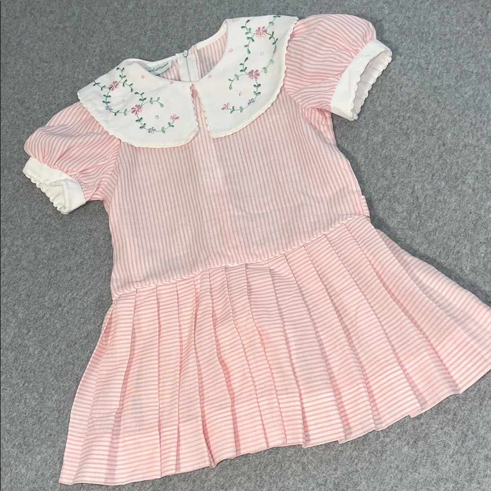 Vintage Rare Editions Collar Dress Girls 5 Floral Embroidered Pink Striped Puff